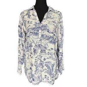 Joie Blue & White Tropical Print 100% Linen Blouse w/Roll Tab Sleeves, Medium